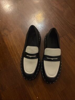 SCHUTZ Black and White Studded Leather Loafers